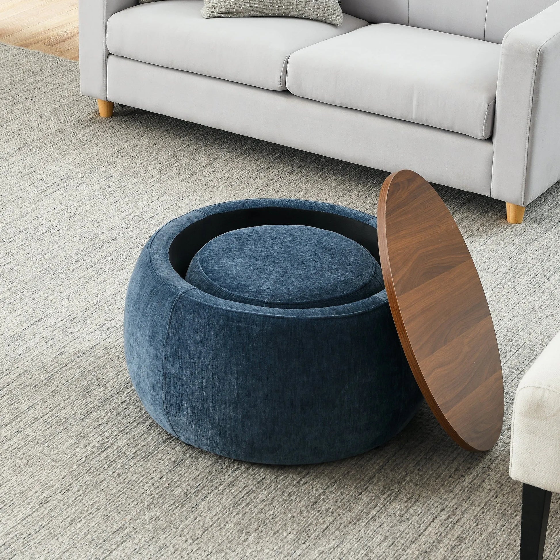 Dark Blue Round Storage Ottoman with 2 in 1 Function as End Table and Ottoman, Eucalyptus Wood and Foam, 25'x25'x14.7' – view 6
