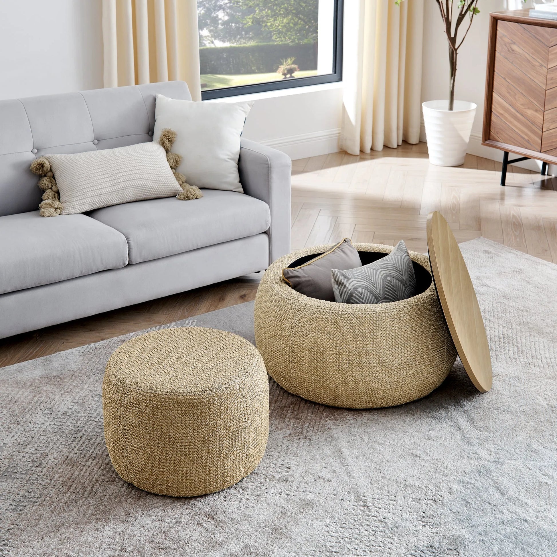 Woven Rattan Fabric Round Storage Ottoman with 2-in-1 Function as End Table and Ottoman, Dark Yellow, 25'x25'x14.7' – view 6