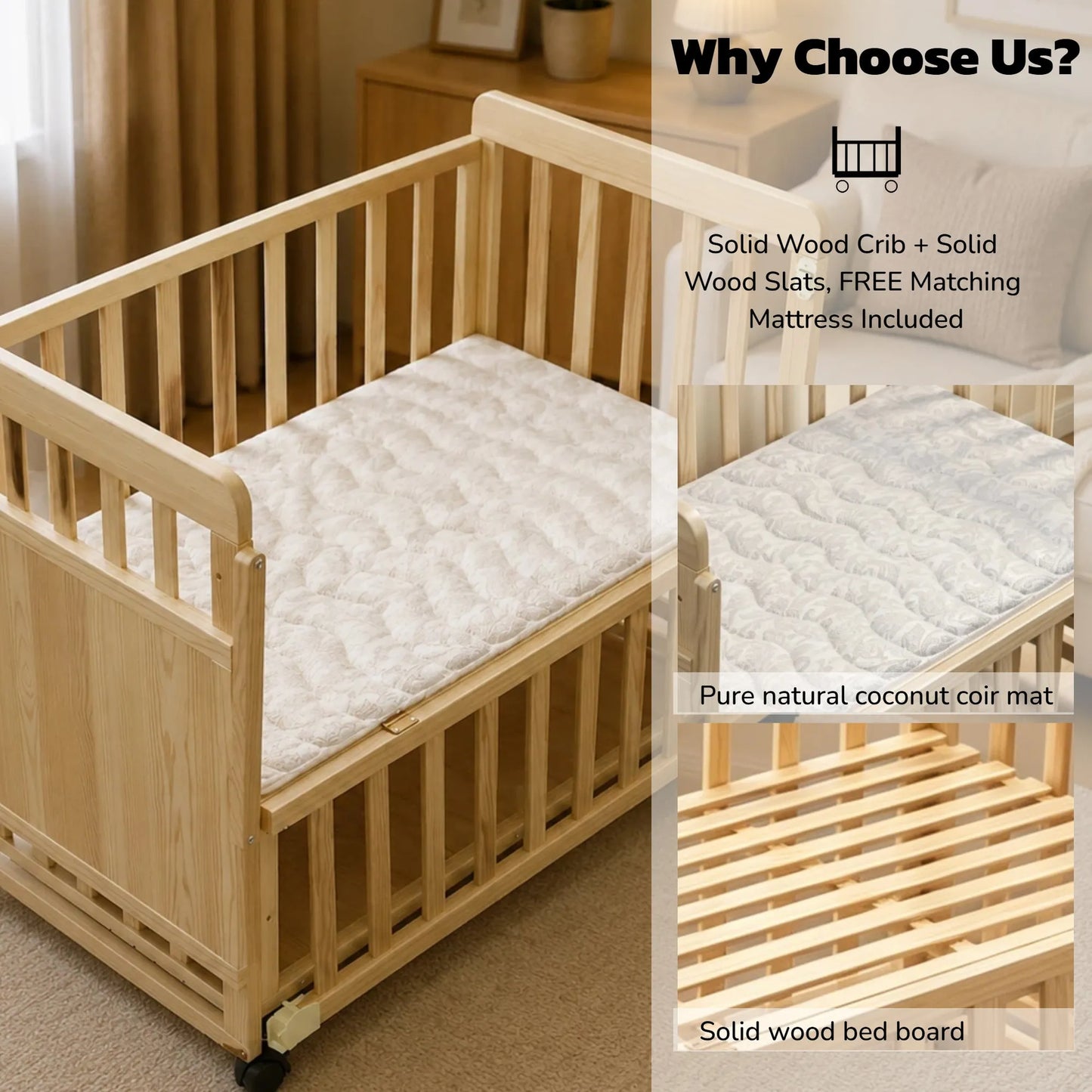 Solid Wood Baby Bassinets Wooden Bedside Bassinet Portable Mini Baby Crib 3 Adjustable Heights With Mattress and Changing Shelf for Newborns – view 6