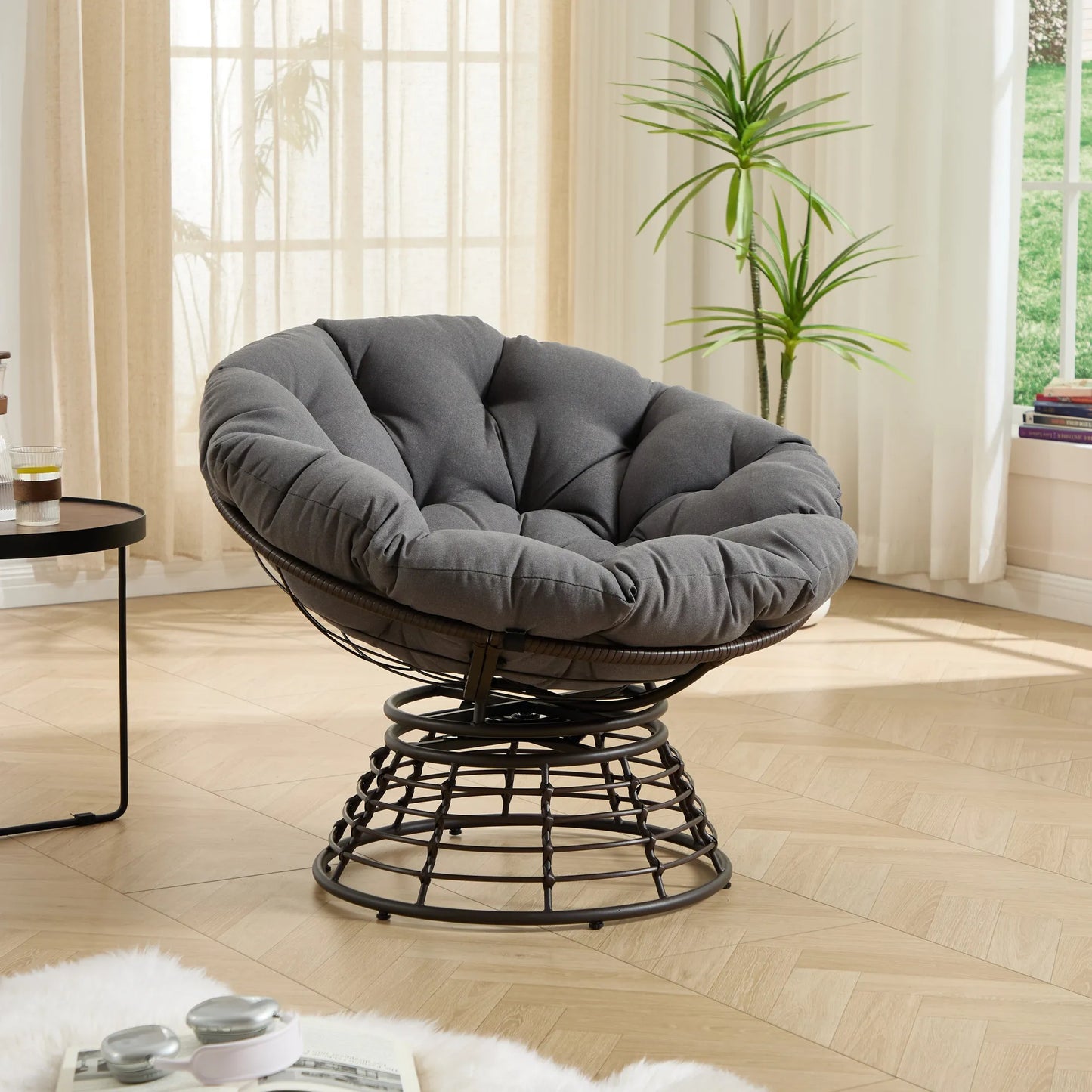Comfortable Ergonomic Wicker Papasan Chair, 360° Swivel Indoor Outdoor Rattan Chair with Soft Thick Cushion, Ideal for Living Room, Bedroom, Reading – view 6