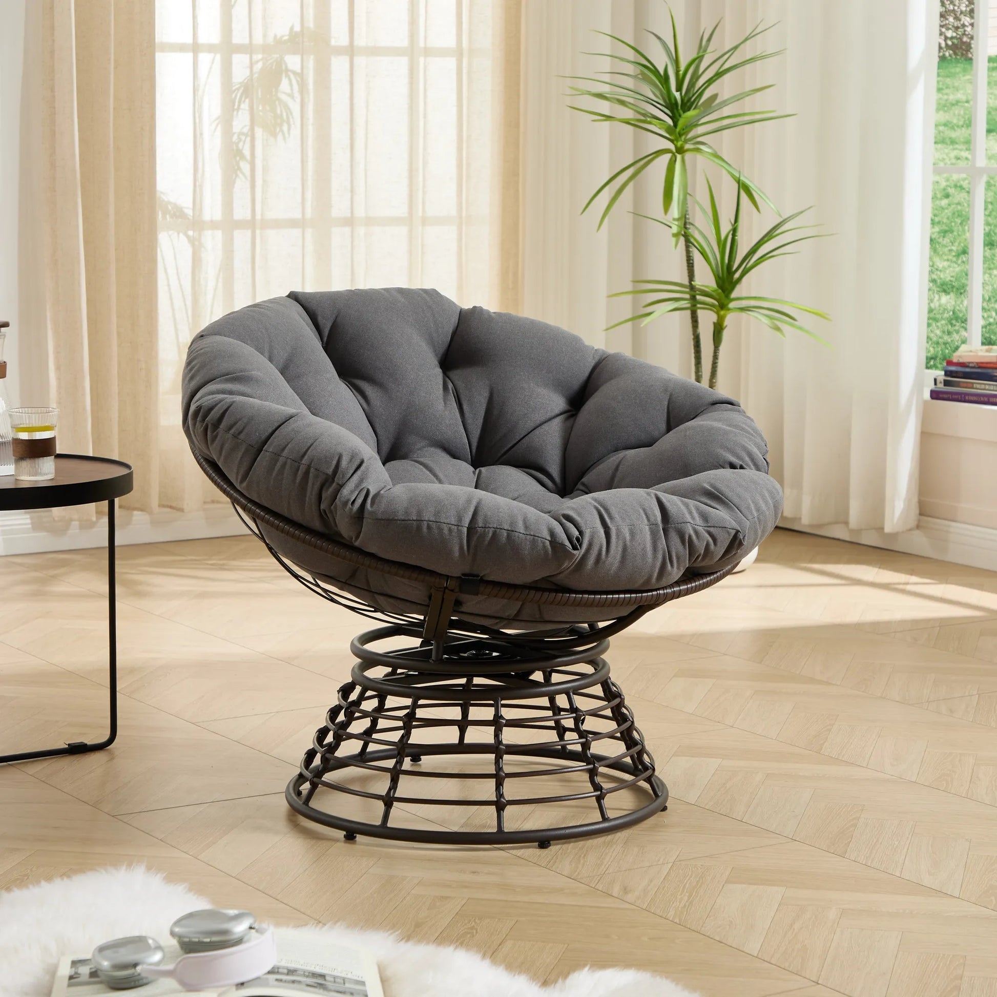 Comfortable Ergonomic Wicker Papasan Chair, 360° Swivel Indoor Outdoor Rattan Chair with Soft Thick Cushion, Ideal for Living Room, Bedroom, Reading – view 6