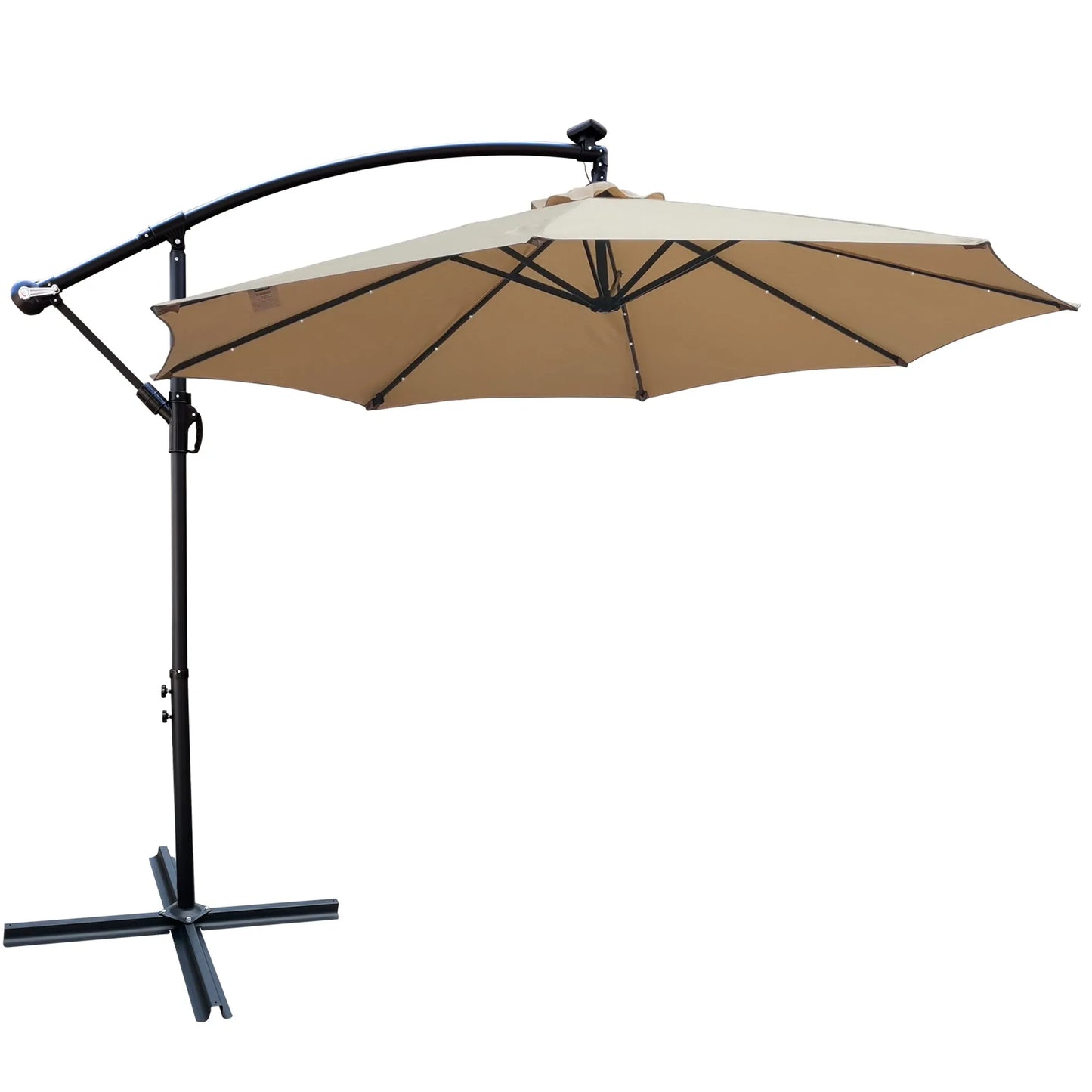 Tan 10 ft Outdoor Patio Umbrella Solar Powered LED Lighted Sun Shade Market Waterproof 8 Ribs Umbrella with Crank and Cross Base for Garden Deck – view 6