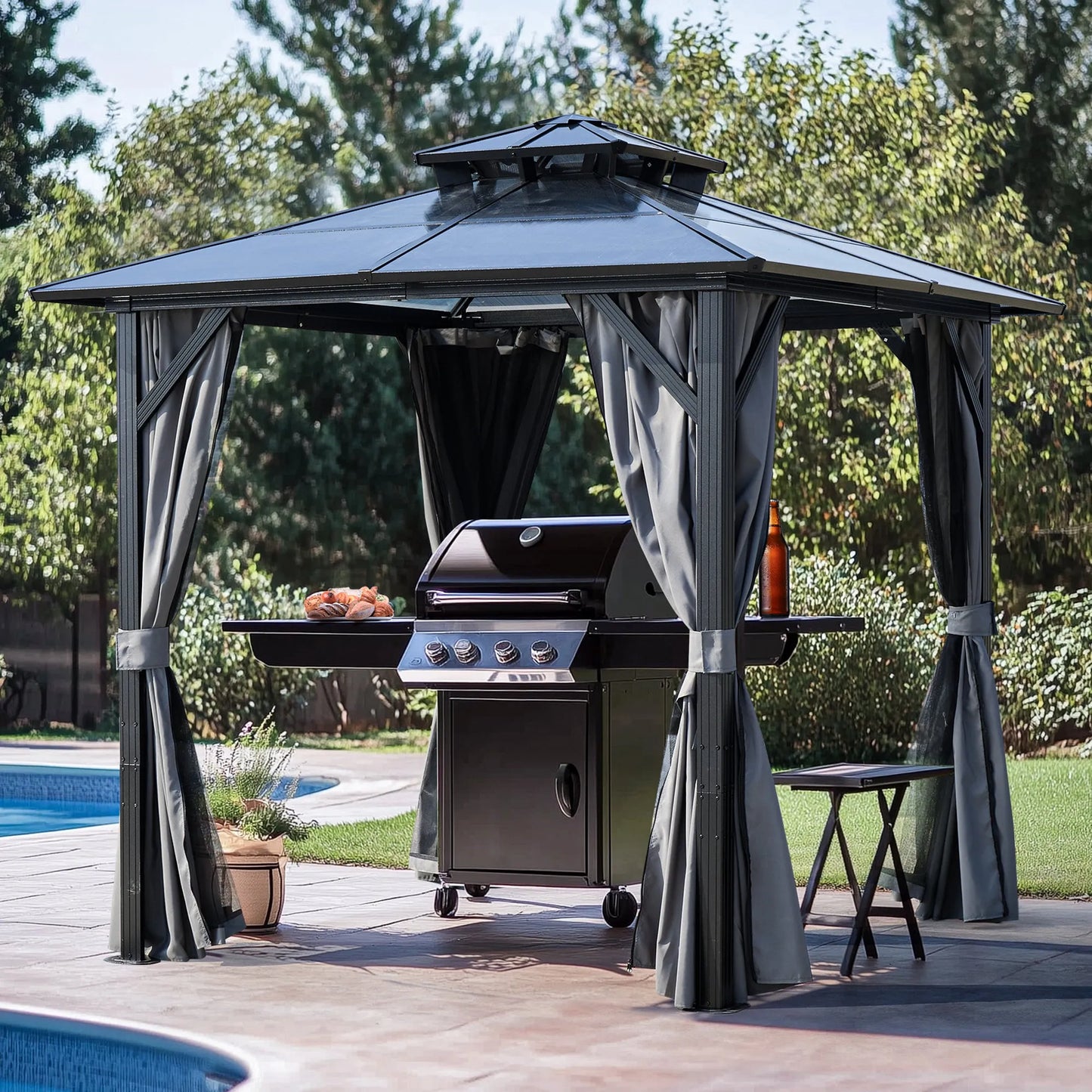 Outdoor Grill Gazebo 8 x 8FT, Hardtop BBQ Gazebo with UV-Resistant Polycarbonate Roof & Storage Hooks for Patio, Lawn, Garden – view 6