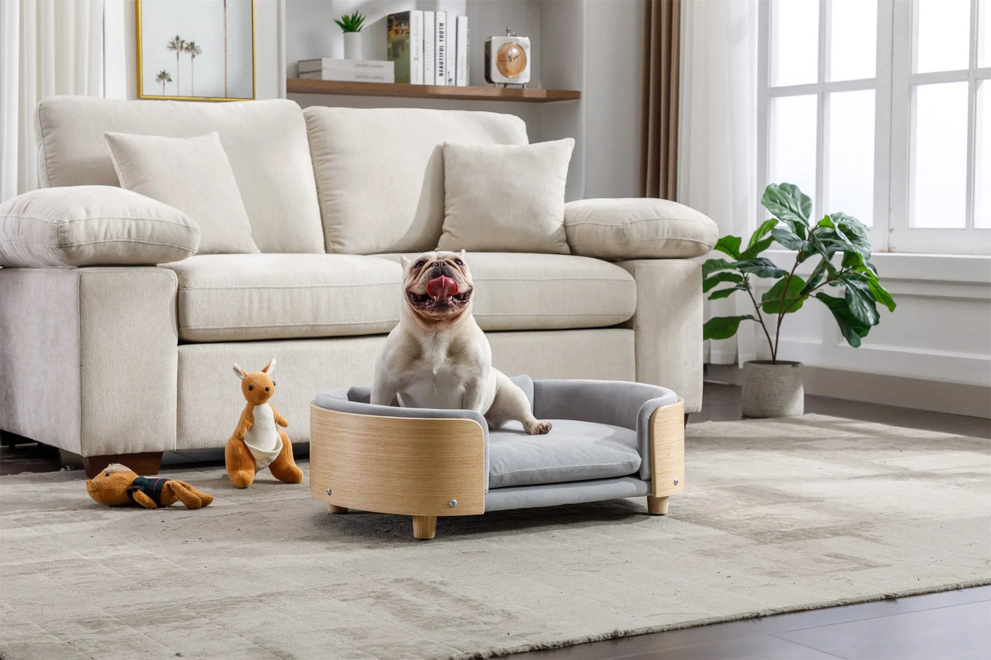 Scandinavian style Elevated Dog Bed Pet Sofa With Solid Wood legs and Bent Wood Back, Velvet Cushion,Mid Size Light Grey – view 6