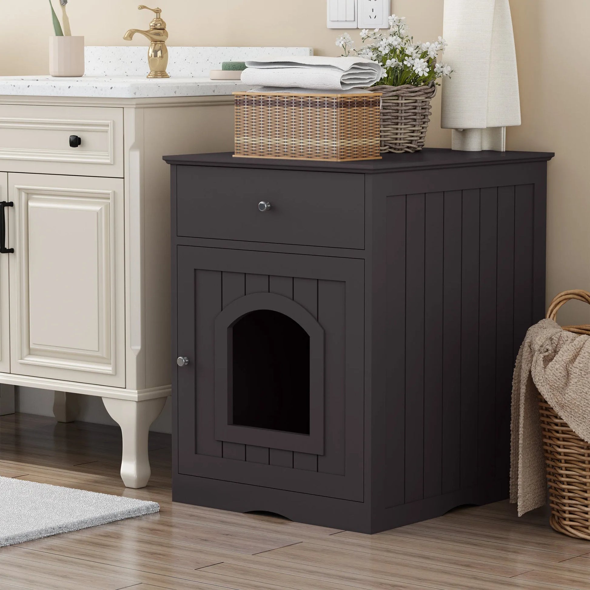 Brown Wooden Pet House Cat Litter Box Enclosure with Drawer, Side Table, Indoor Pet Crate, Cat Home Nightstand – view 6