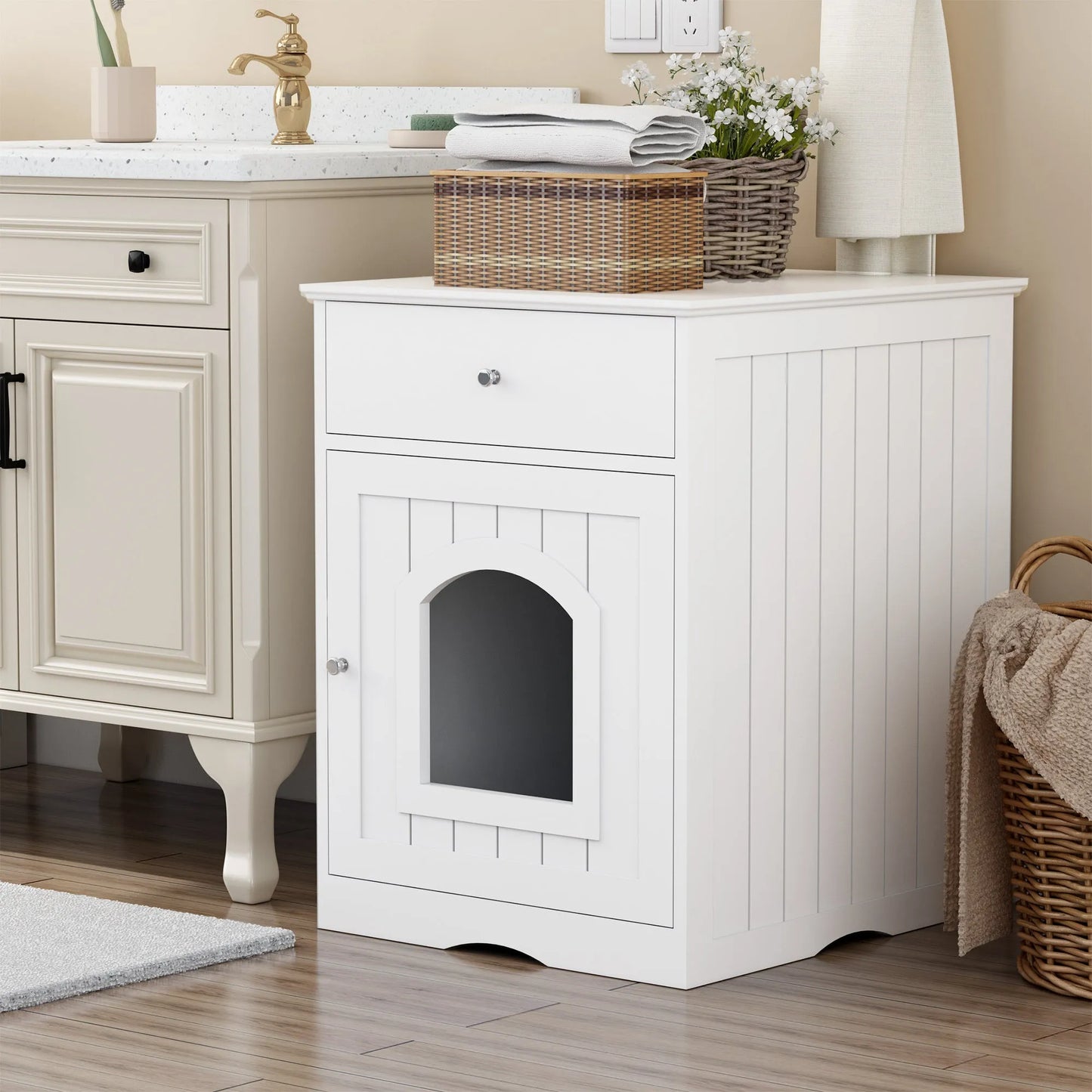 White Wooden Pet House Cat Litter Box Enclosure with Drawer and Side Table, Indoor Cat Home Nightstand for Small Cats, MDF Construction, 18.9'' W x – view 6