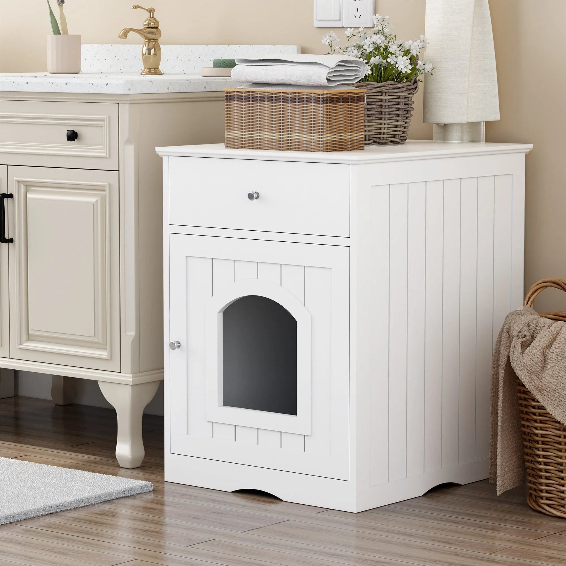 White Wooden Pet House Cat Litter Box Enclosure with Drawer and Side Table, Indoor Cat Home Nightstand for Small Cats, MDF Construction, 18.9'' W x – view 6