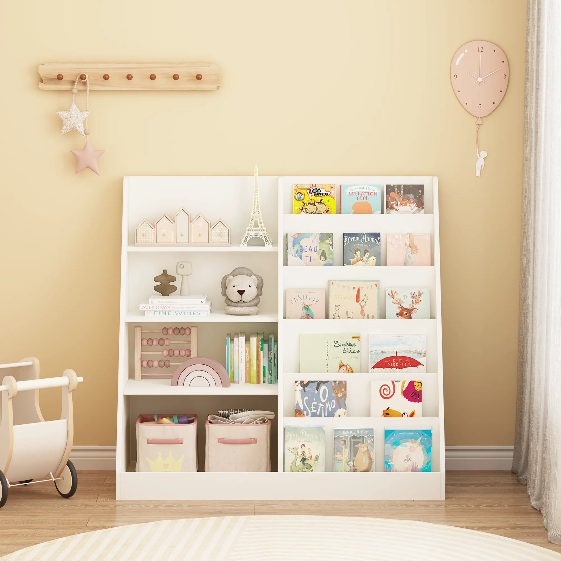 Kids Bookshelf and Toy Storage Organizer, Multifunctional 4-Tier White Wooden Bookcase with Toy Bin for Nursery, Playroom, or Kids Room – view 6