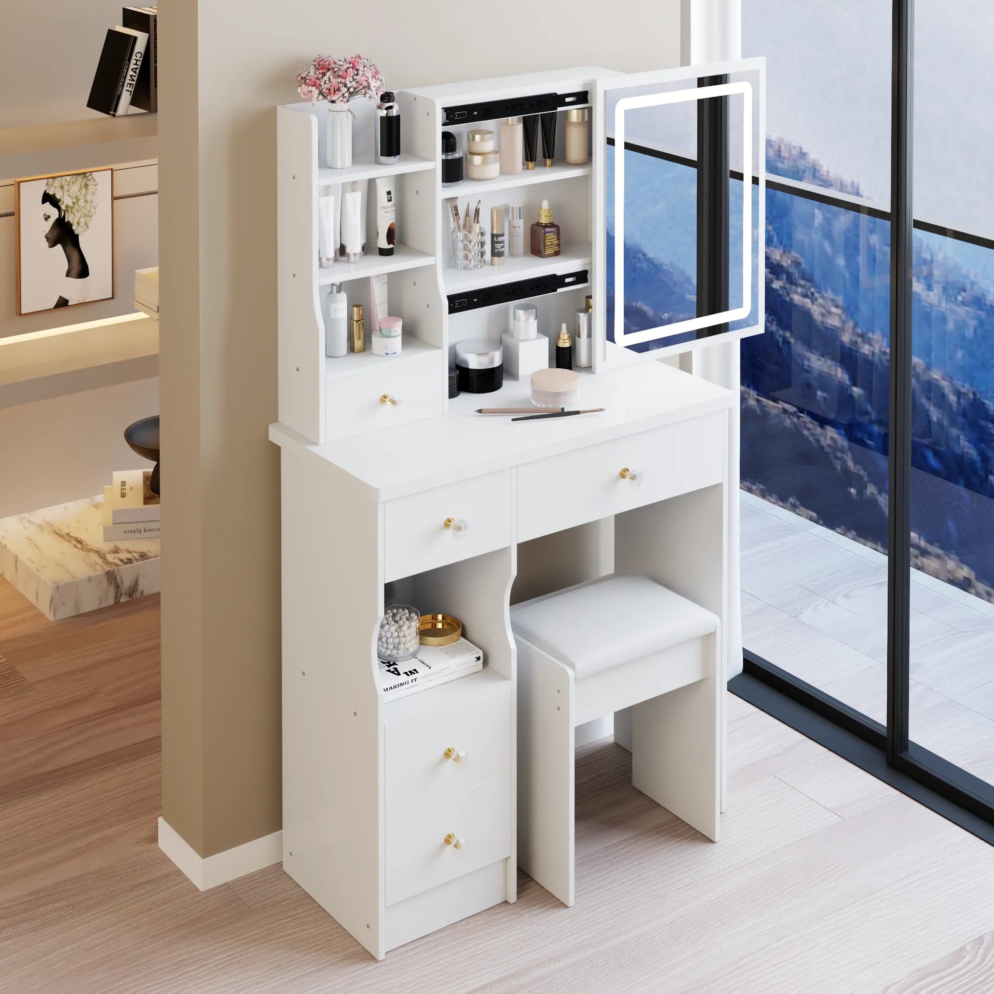29.2' Small Size Left Drawer Desktop Vanity Table + Cushioned Stool, Large Sliding, Touch Control, Tri-color Switching, Brightness Adjust LED Mirror – view 6