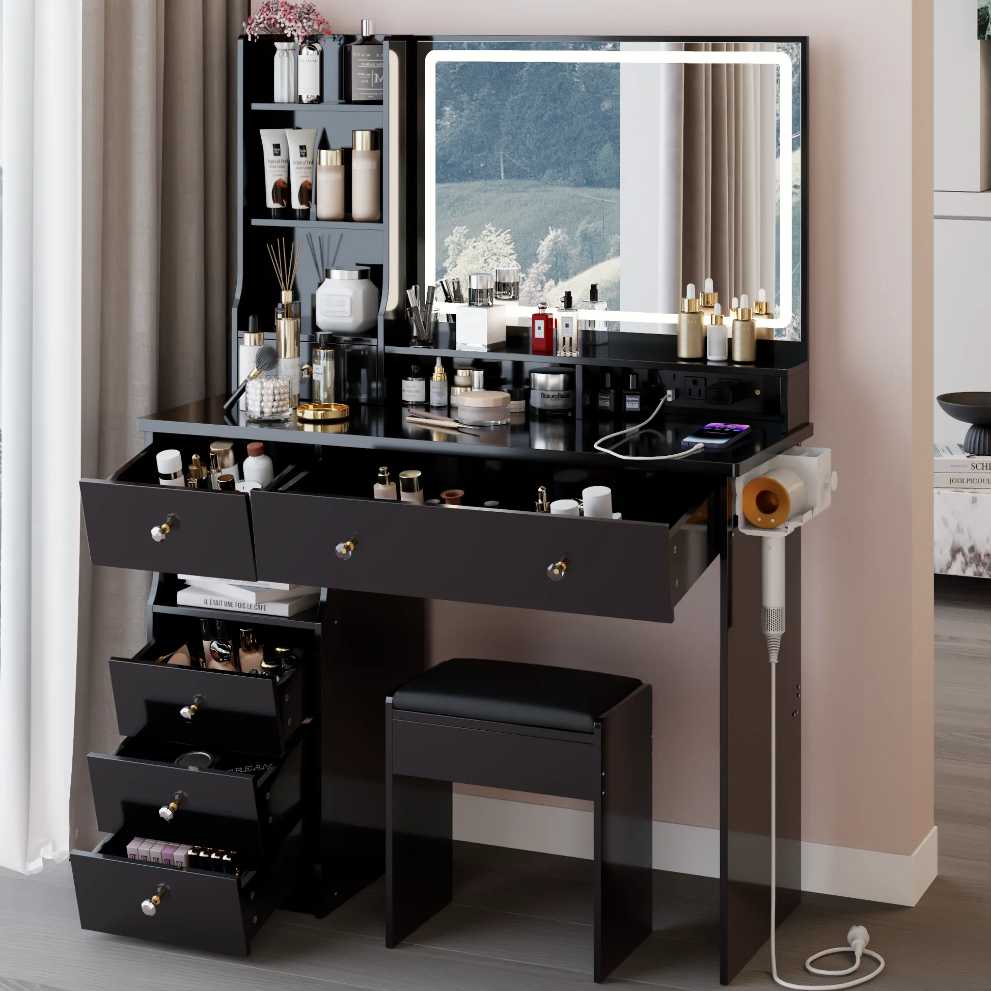 41' Large Size Left Drawer Desktop Vanity Table+Cushioned Stool Dresser Set, 2 AC+2 USB Power Station, Hair Dryer Stand, Extra Large Touch Control – view 6