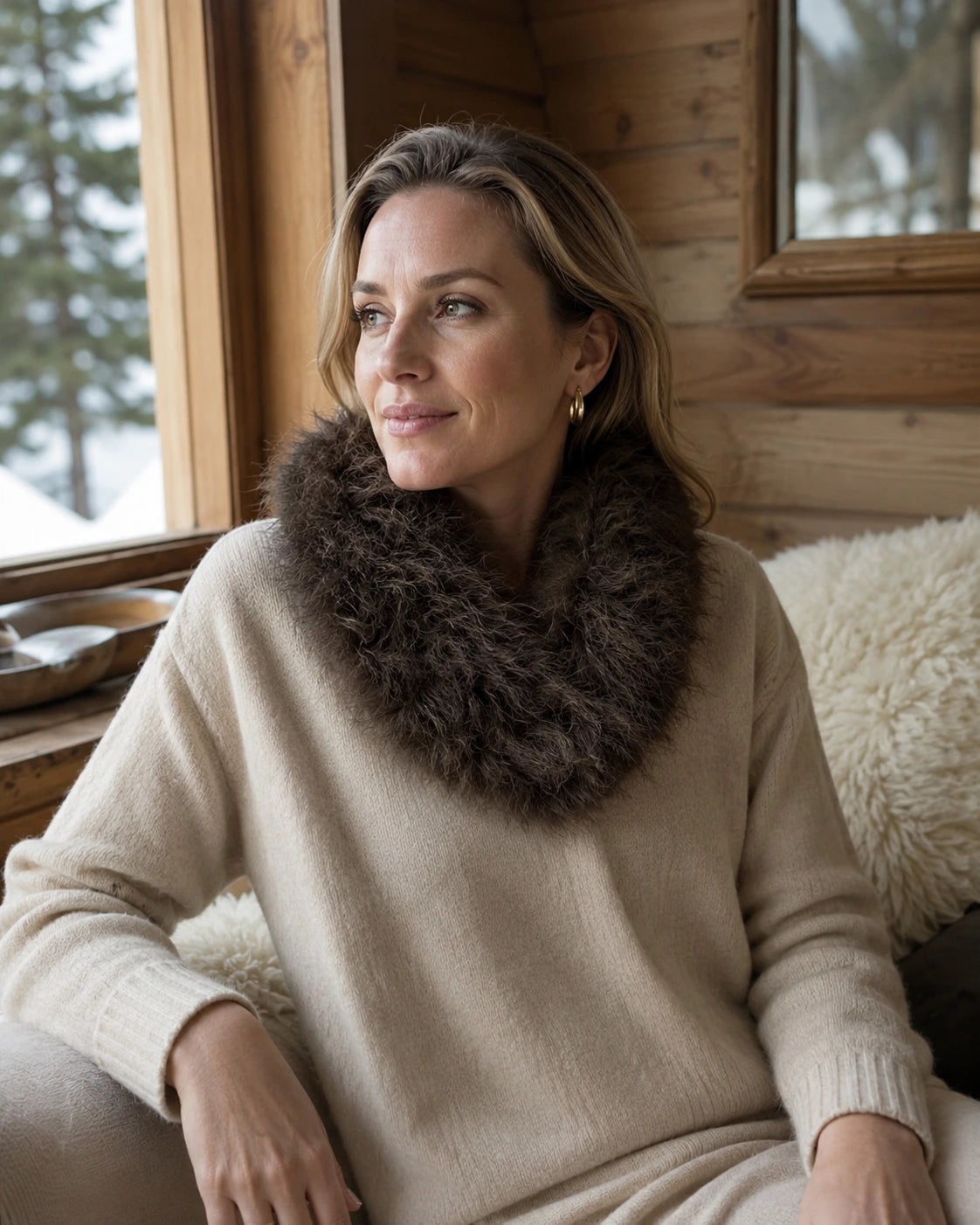 Adult woman wearing a Warm Brown genuine lamb fur magnetic scarf in a winter cabin