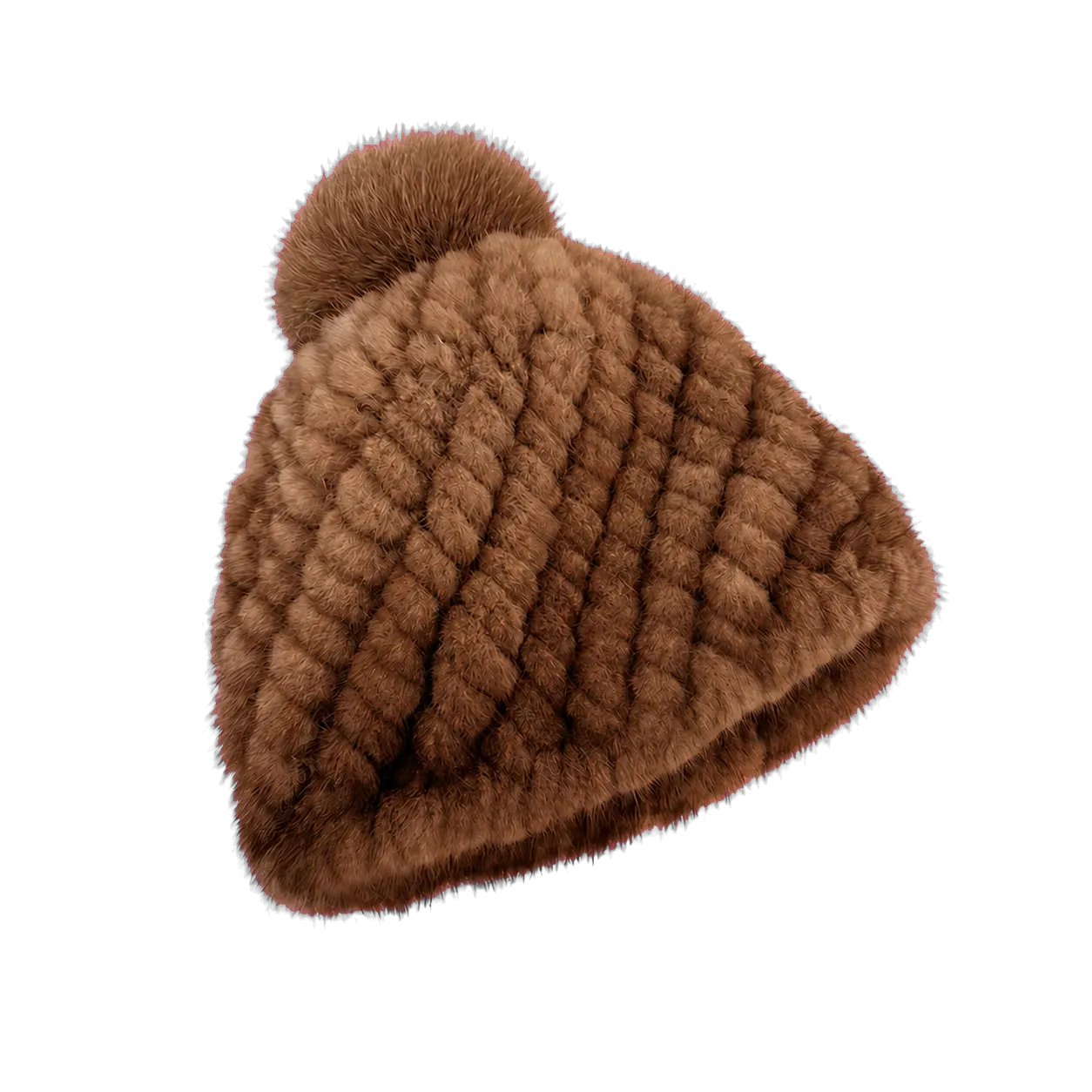 Warm Brown genuine mink fur knitted pom-pom hat isolated on a transparent background
