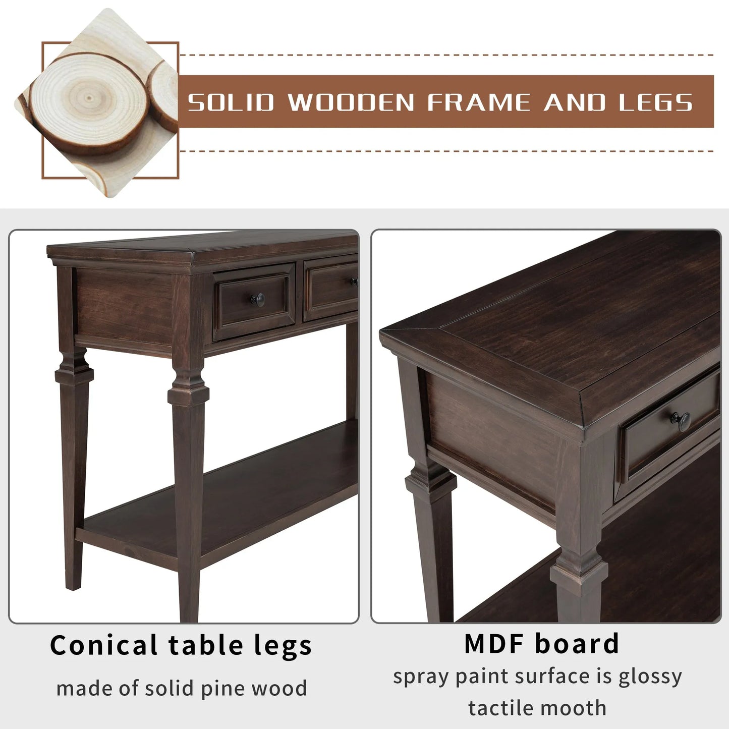 Classic Retro Style Console Table with Three Top Drawers and Open Style Bottom Shelf, Easy Assembly (Espresso) – view 6