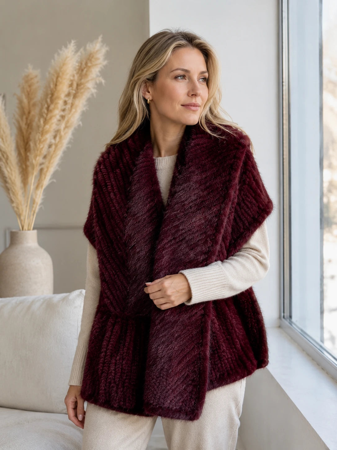 Woman styling a Wine Red genuine mink fur scarf by a window