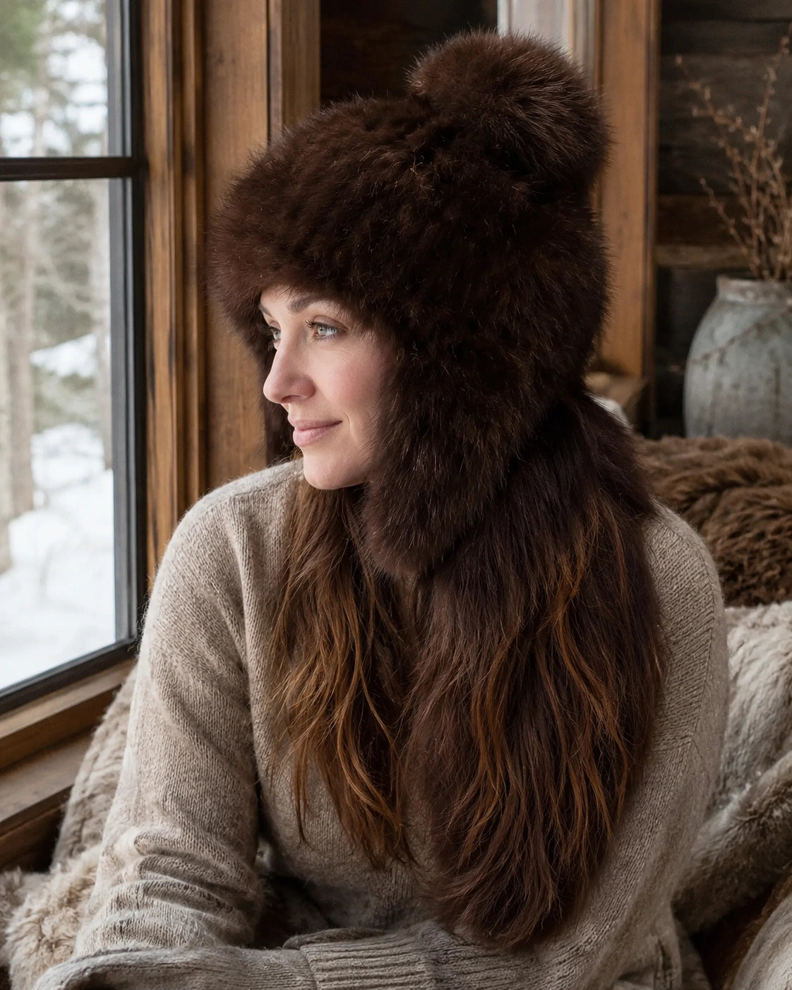 Women's sable fur earflap hat with fox fur pom-pom worn beside a cabin window