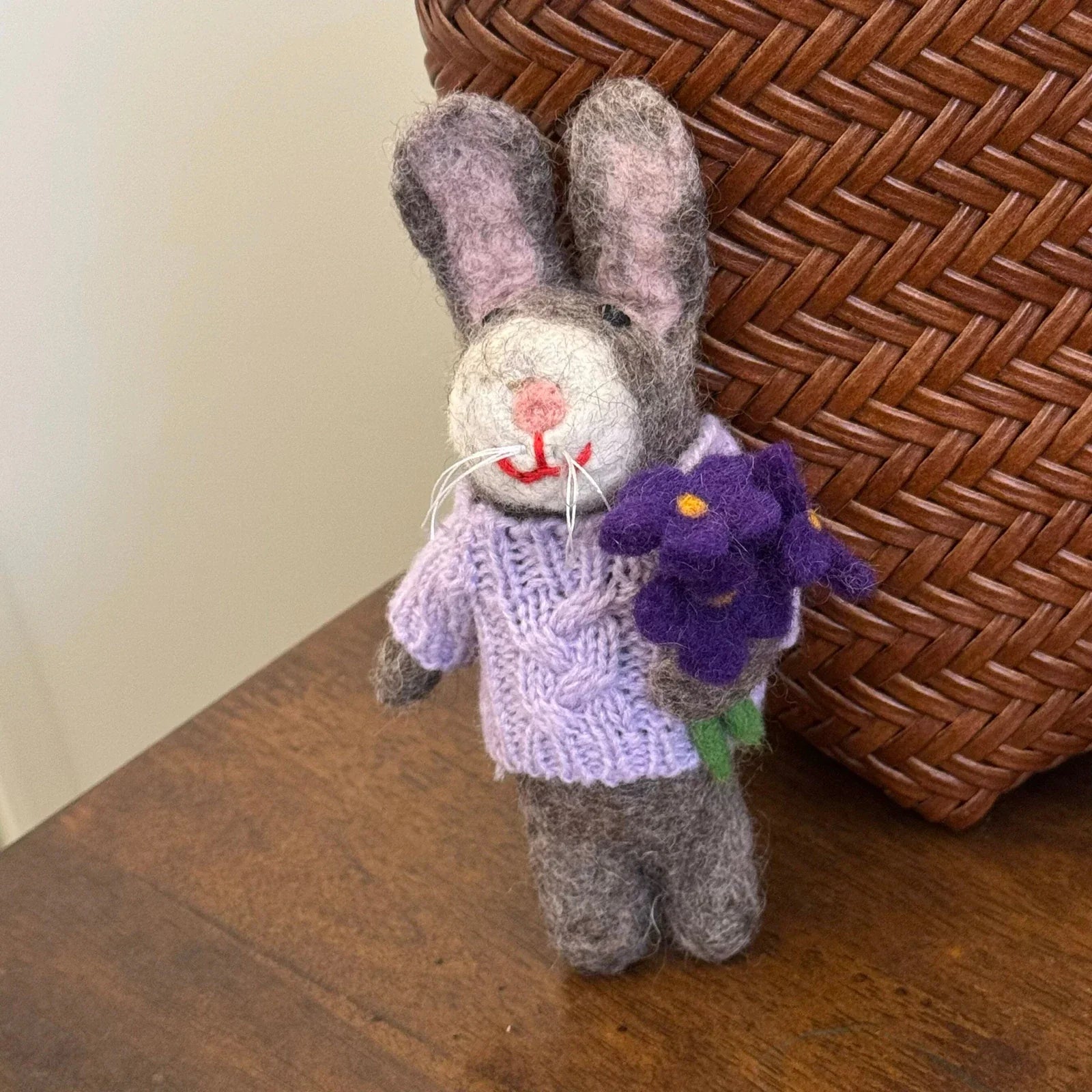 Gray Rabbit with Purple Flower handmade wool felt bag charm and keychain