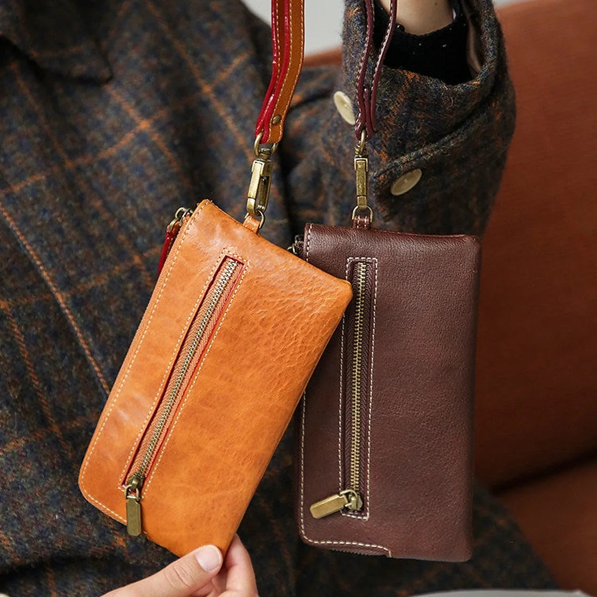 Honey brown and coffee brown leather wristlet wallets