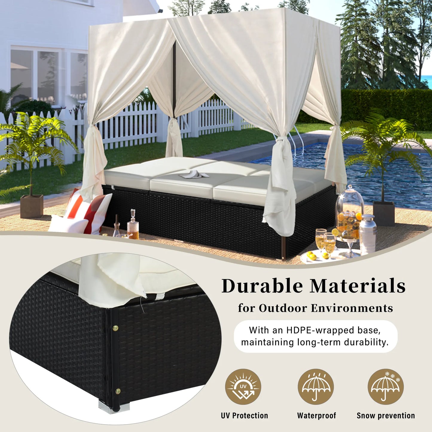 U_STYLE Outdoor Double Chaise Lounge Daybed with Curtains,Patio Outdoor Sunbed with Adjustable Backrest, Sturdy Steel Frame Loveseat Sofa for – view 6