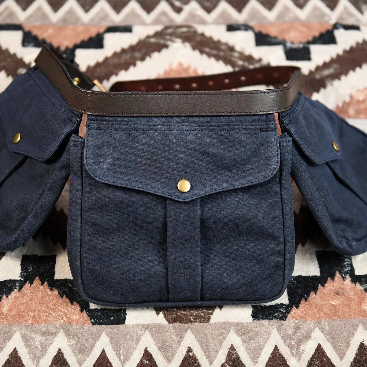 Deep Navy waxed canvas multi-pocket waist bag