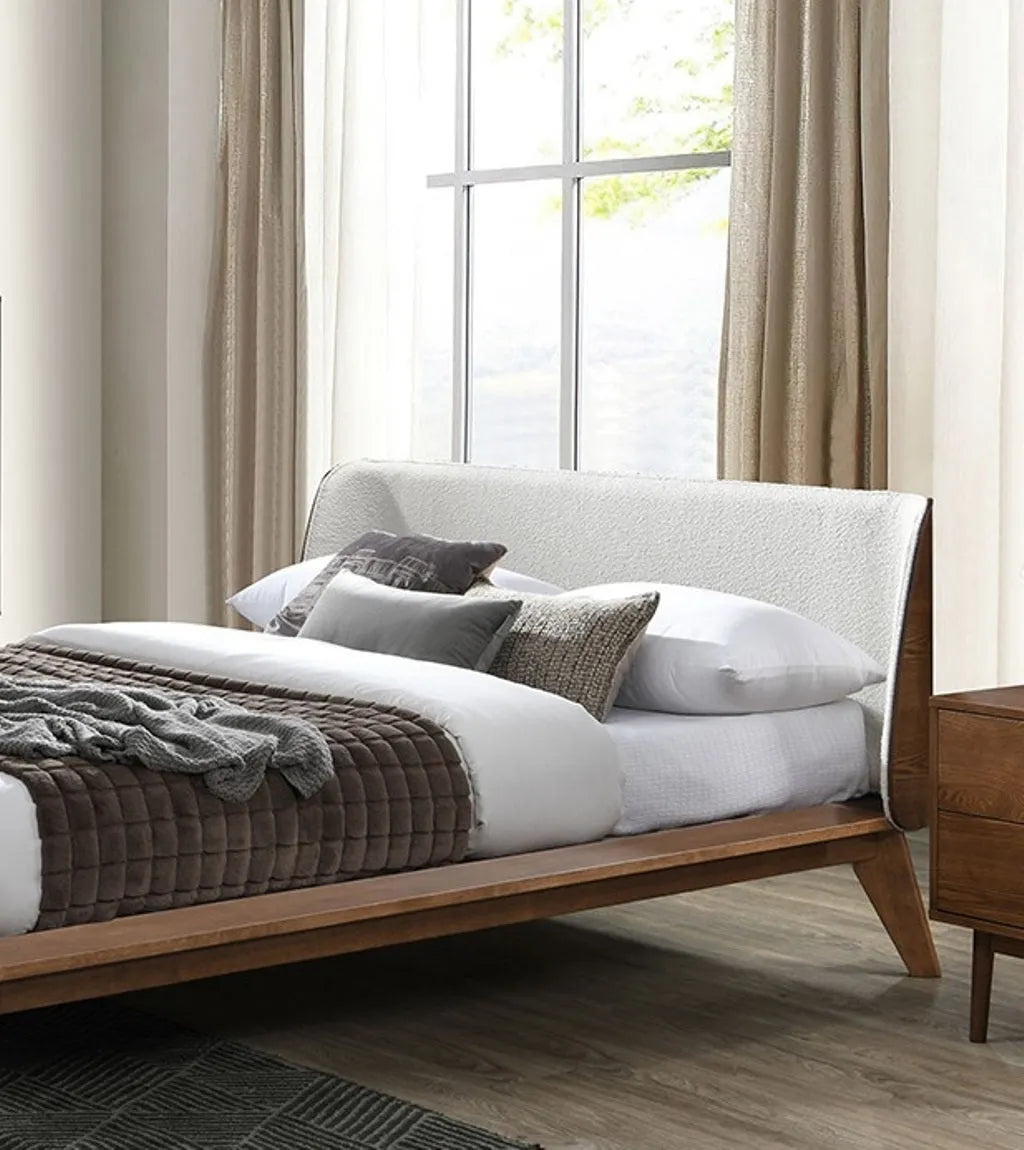 Gorgeous Walnut 3pc Bedroom Set Full Size Bed 2x Nightstands Beige Upholstered Fabric Winged Edge Panel HB Mid-Century Modern Style – view 7