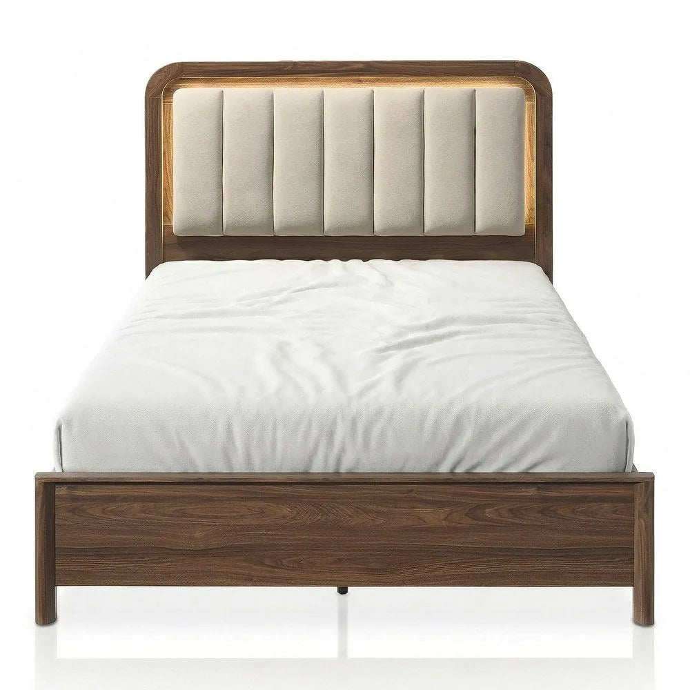 Walnut Gorgeous Queen Size Bed Nightstands Set Panel Bed HB w LED Warm Light Bedroom Set 3pc – view 7