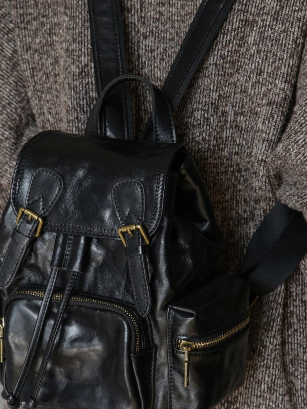 Black cowhide commuter backpack full view