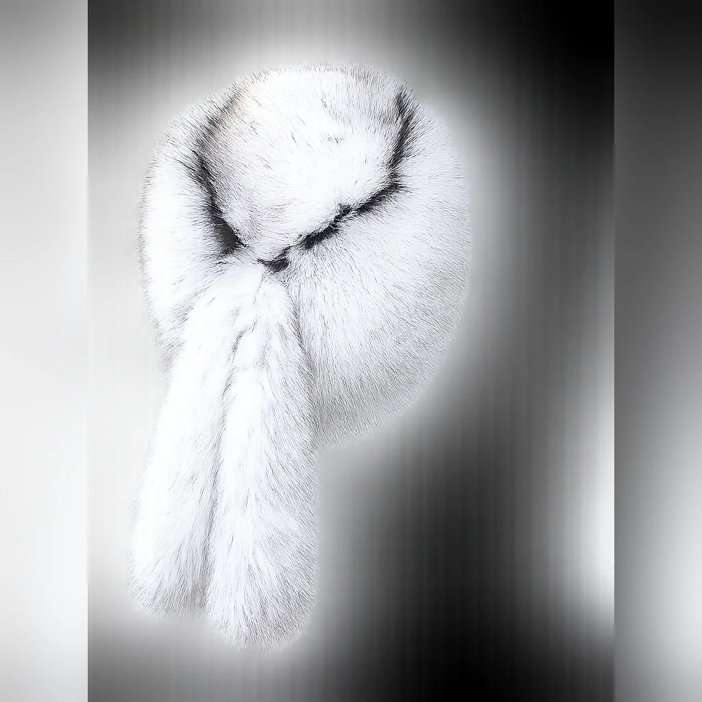 Natural blue fox fur trapper hat rear view with fur tails
