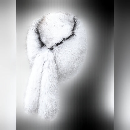 Natural blue fox fur trapper hat rear view with fur tails