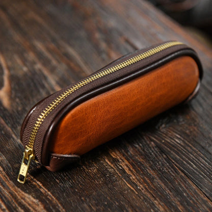 Brown vegetable-tanned leather zipper pencil case