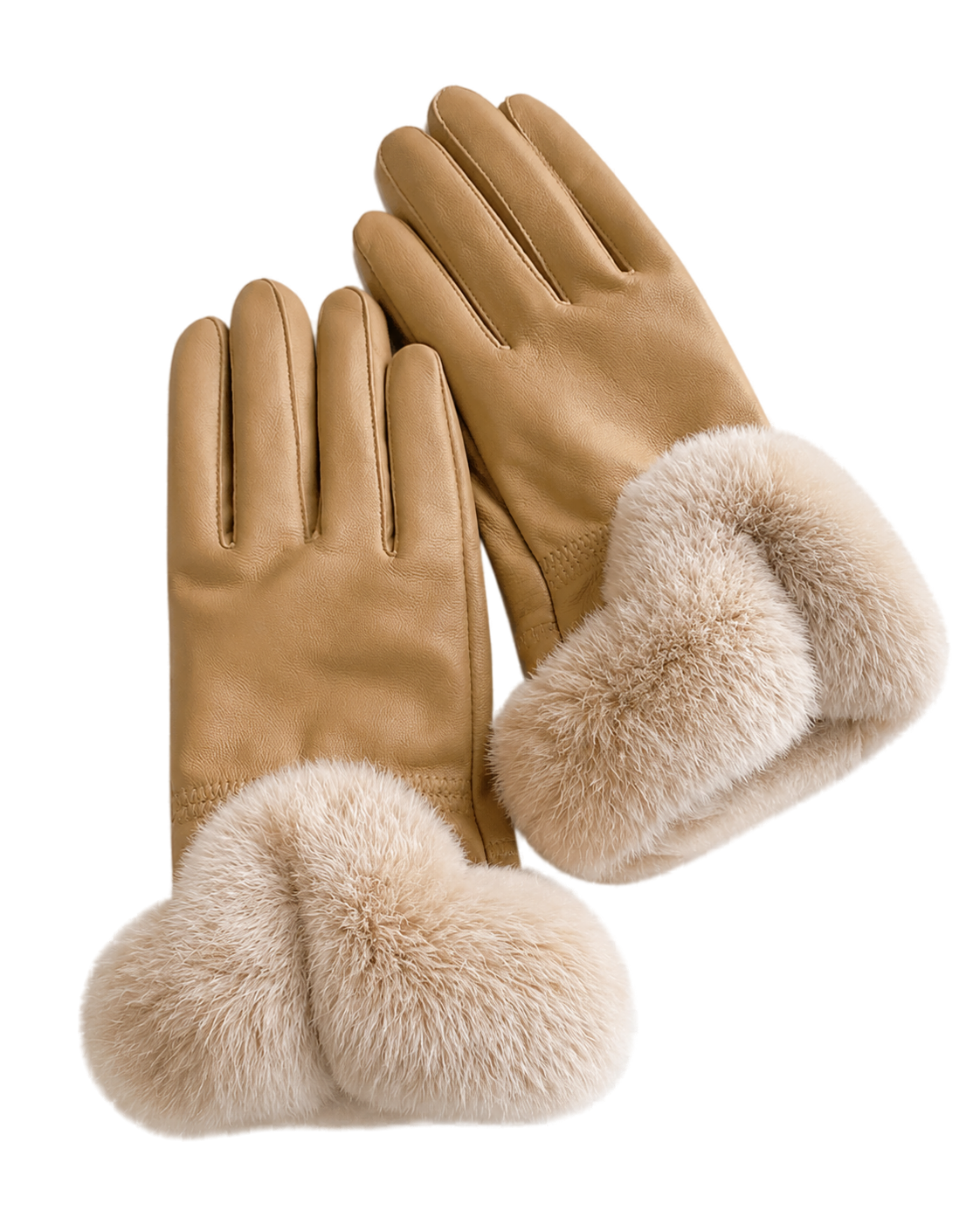 Camel women's sheepskin leather gloves with genuine Rex rabbit fur cuffs