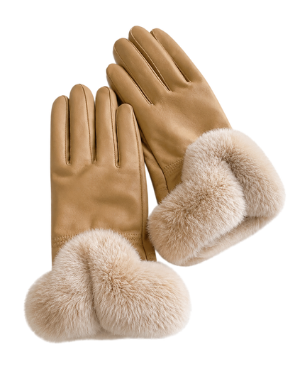Camel women's sheepskin leather gloves with genuine Rex rabbit fur cuffs