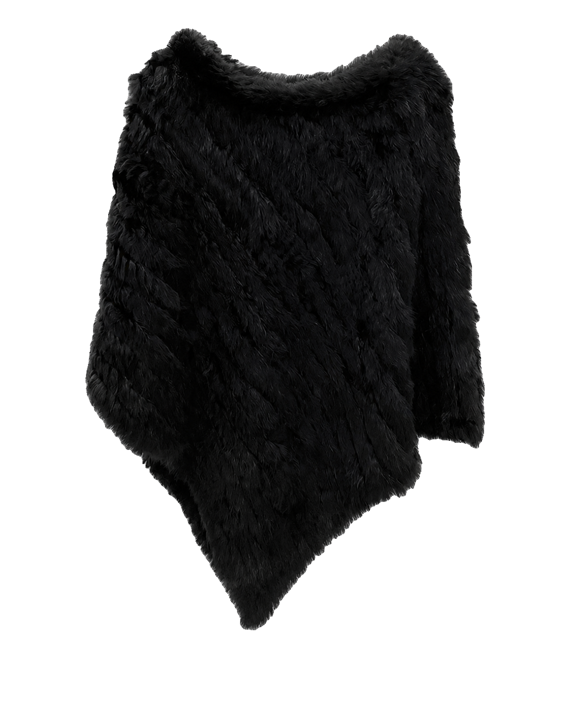 Black handwoven genuine rabbit fur triangle poncho with classic knit collar on a transparent background
