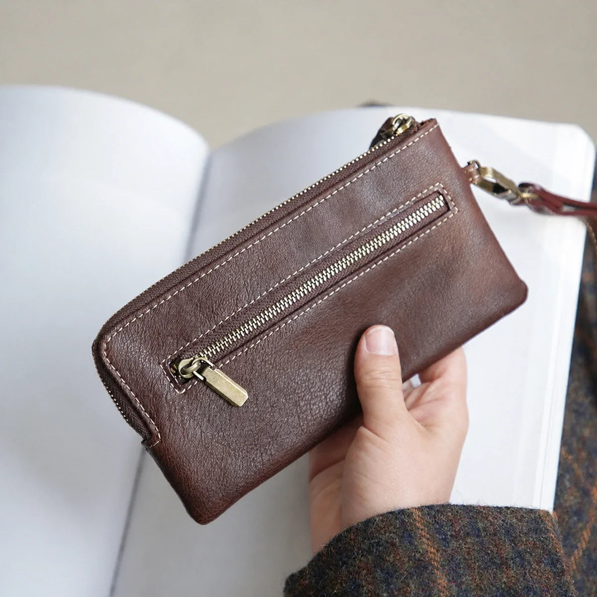 Coffee brown top-grain cowhide long zip wallet