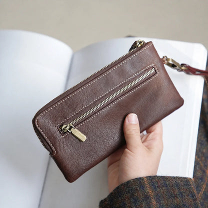 Coffee brown top-grain cowhide long zip wallet