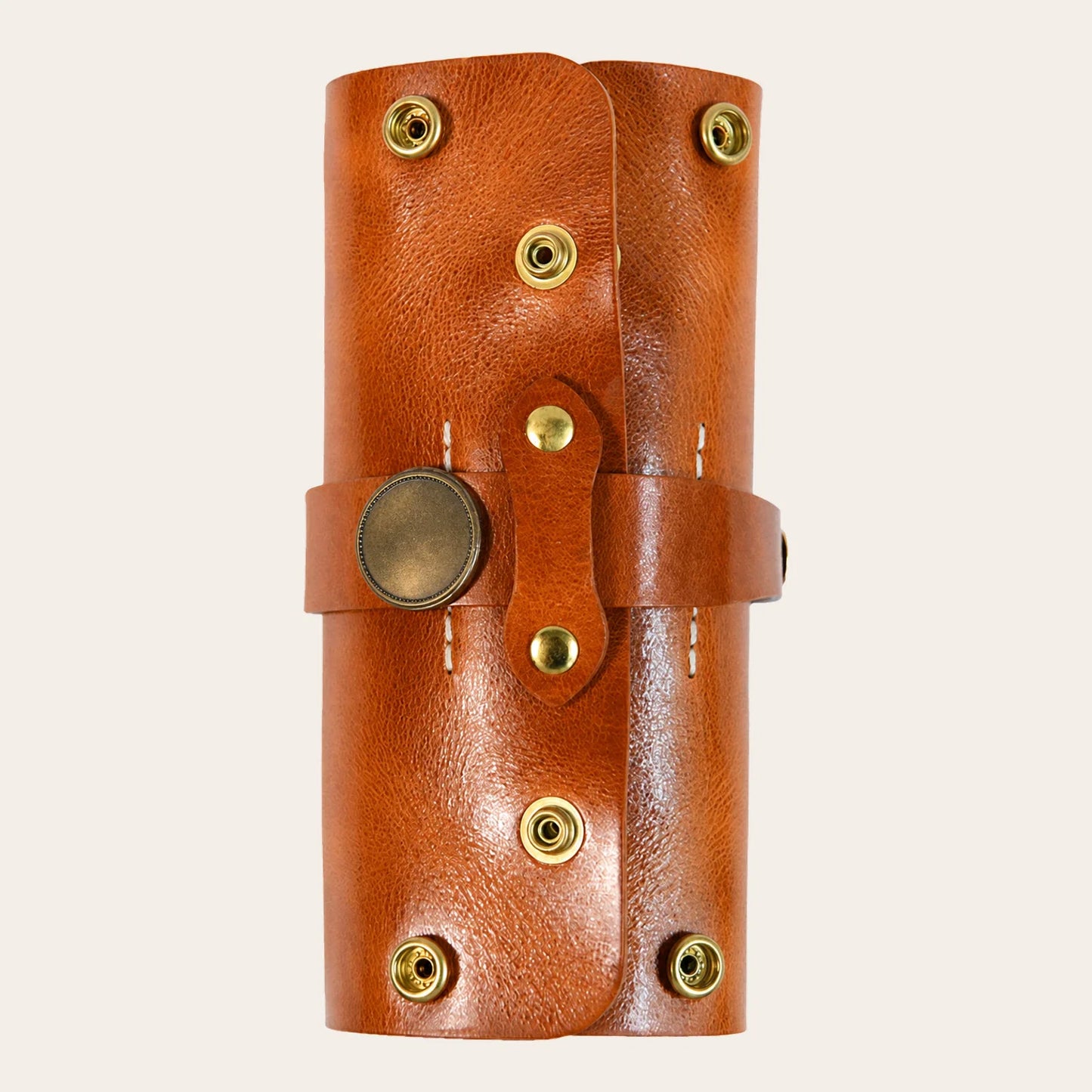 Front view of cognac brown vegetable-tanned leather pipe pouch