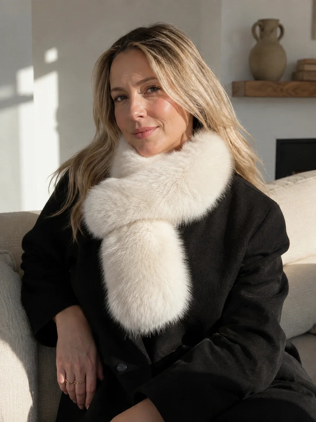 Woman styling a Cream Ivory fox fur scarf with a black coat