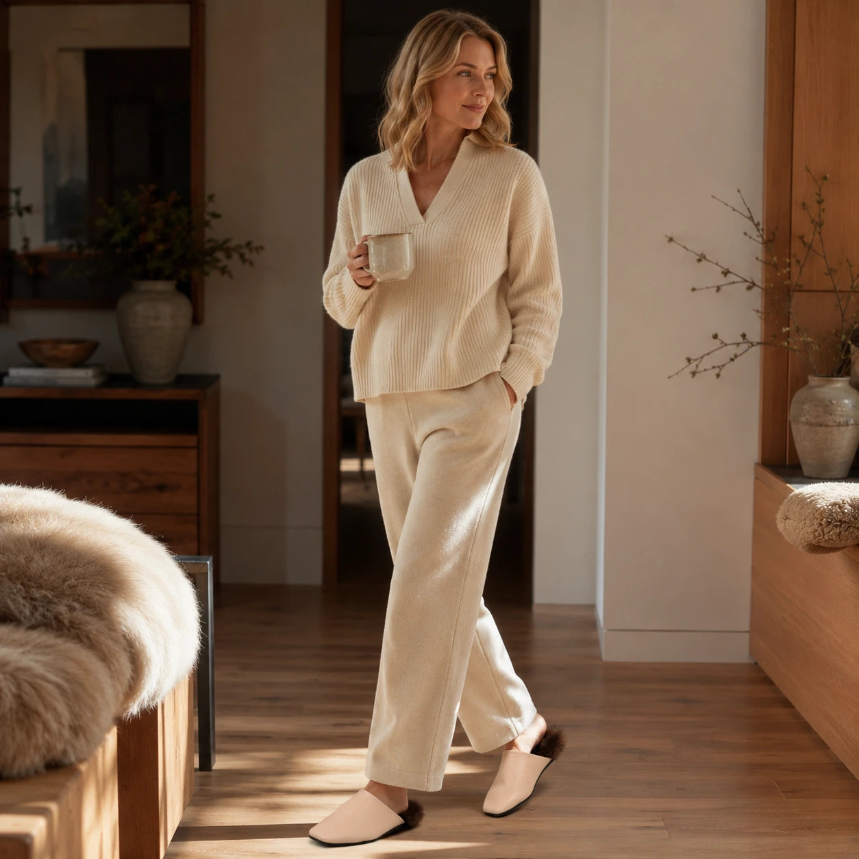 Cream mink fur-trim mule slippers worn while walking indoors