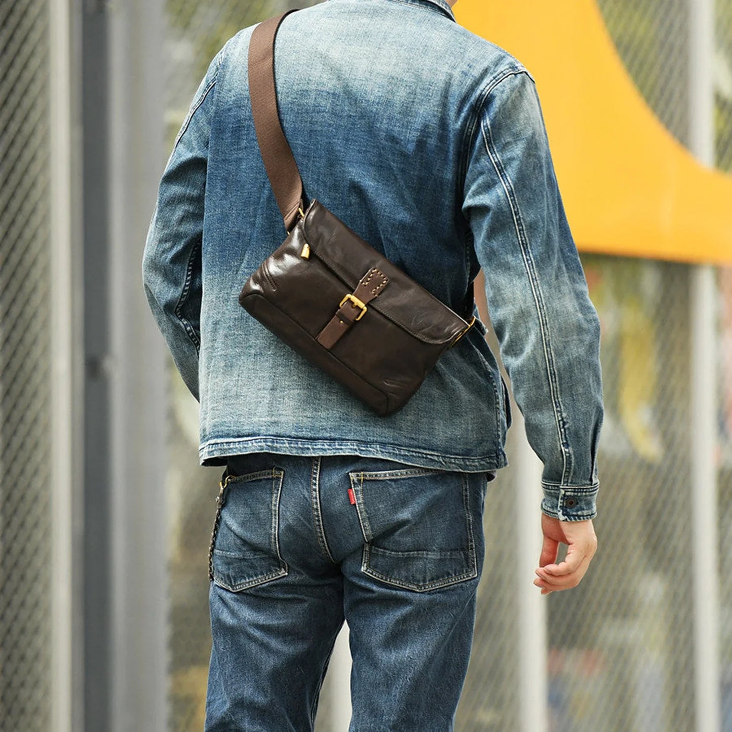 Coffee Brown leather messenger bag crossbody fit with denim