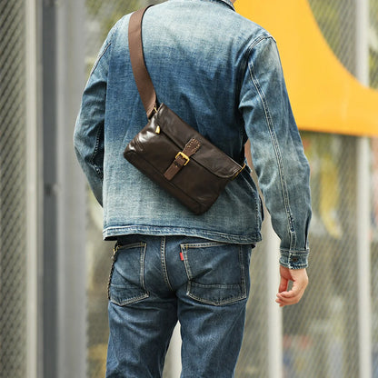 Coffee Brown leather messenger bag crossbody fit with denim