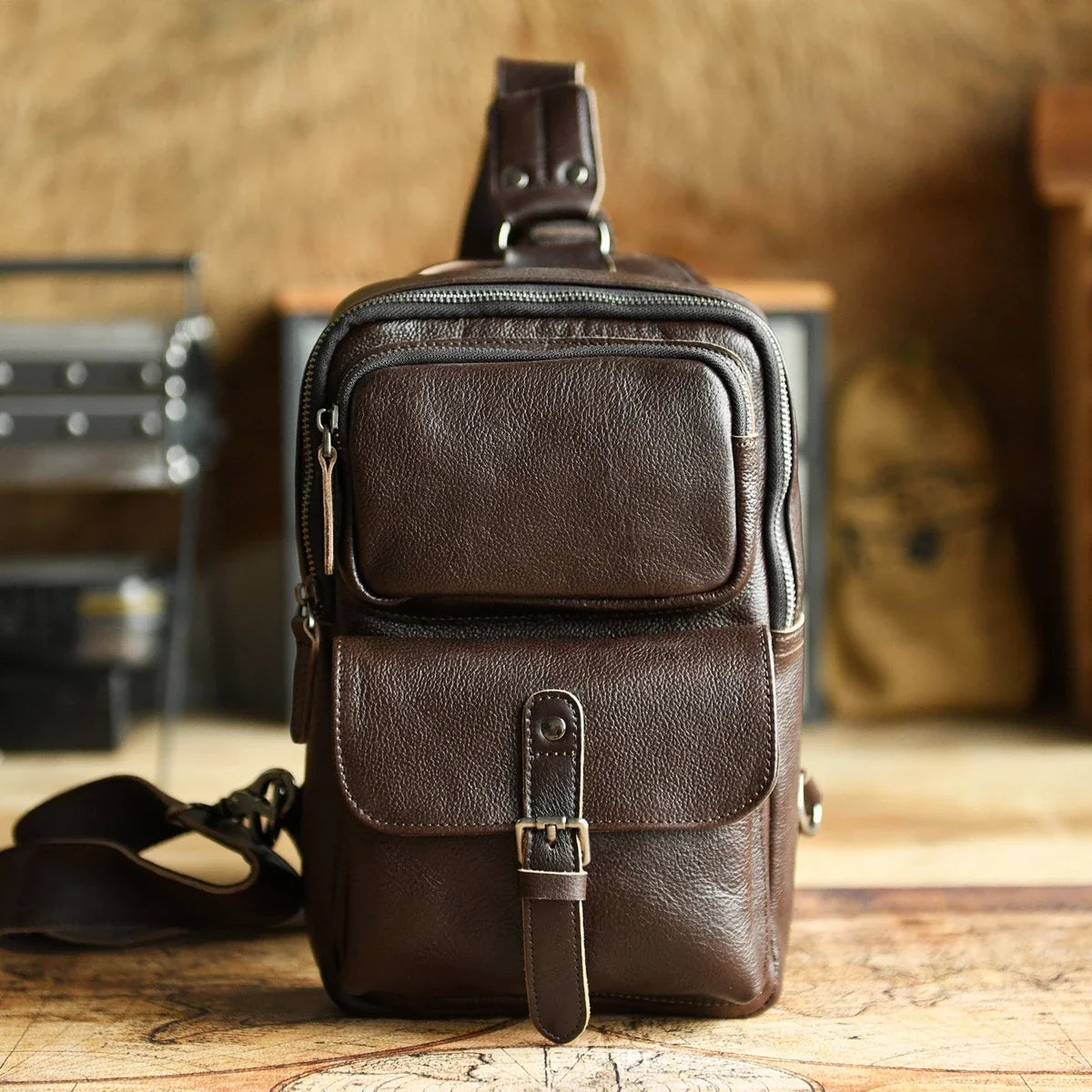 Dark brown leather sling bag studio front view