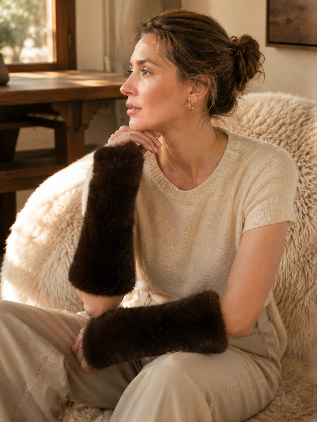 Dark Brown mink fur fingerless arm warmers styled with soft knitwear