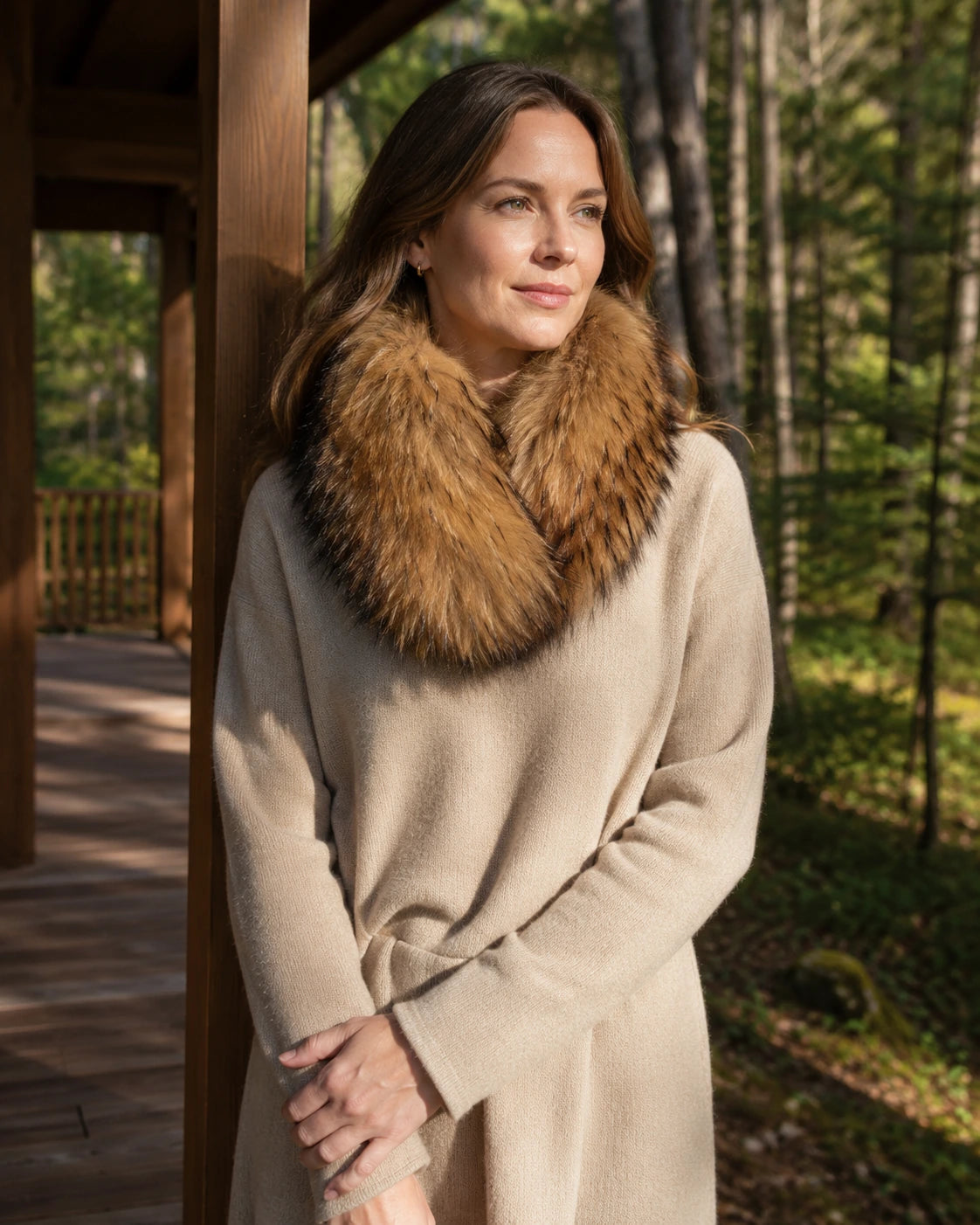 Adult woman wearing a Deep Natural Brown genuine fox fur cape scarf on a dry woodland walk