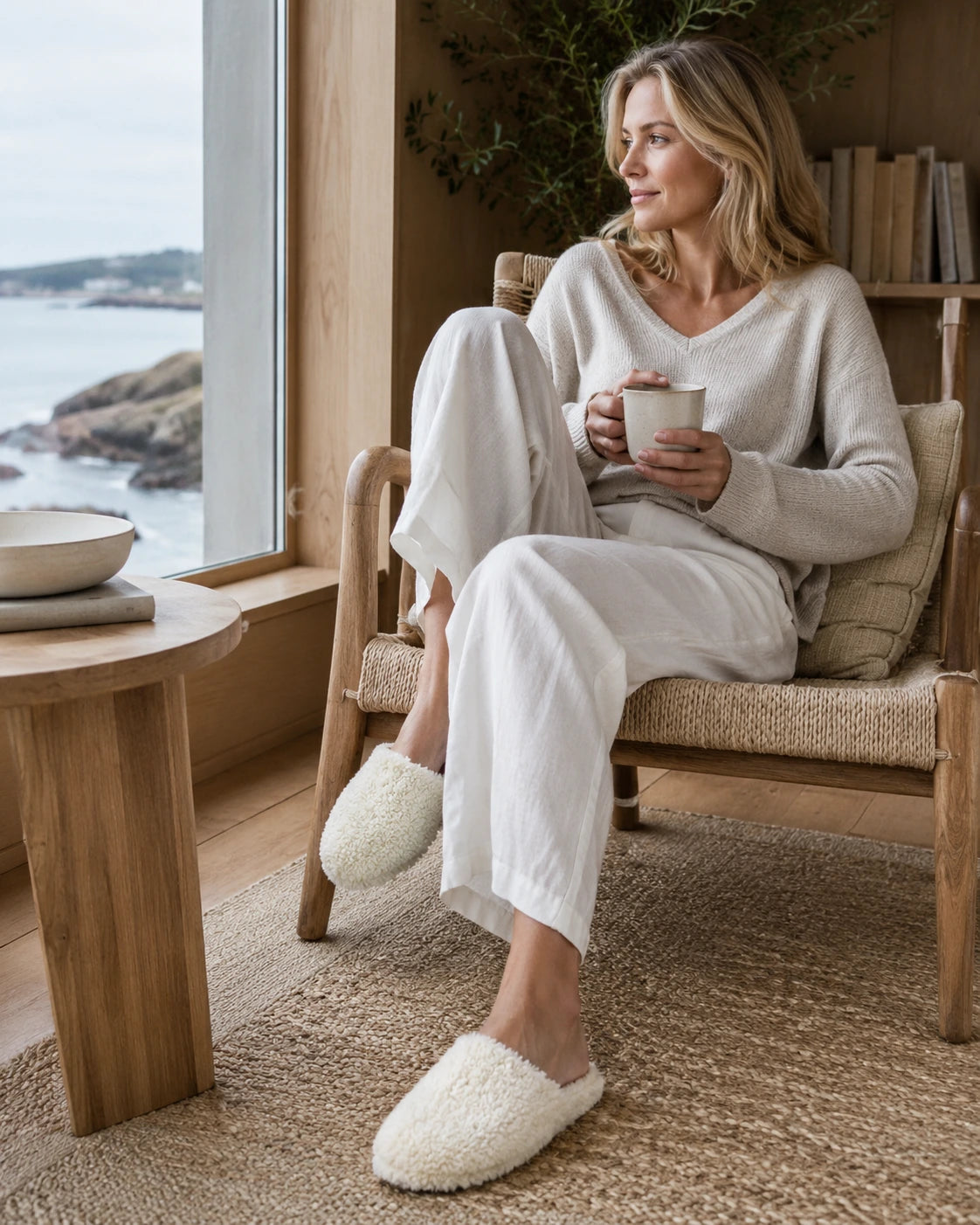 Adult woman wearing Ivory White genuine wool and leather slippers beside a reading chair