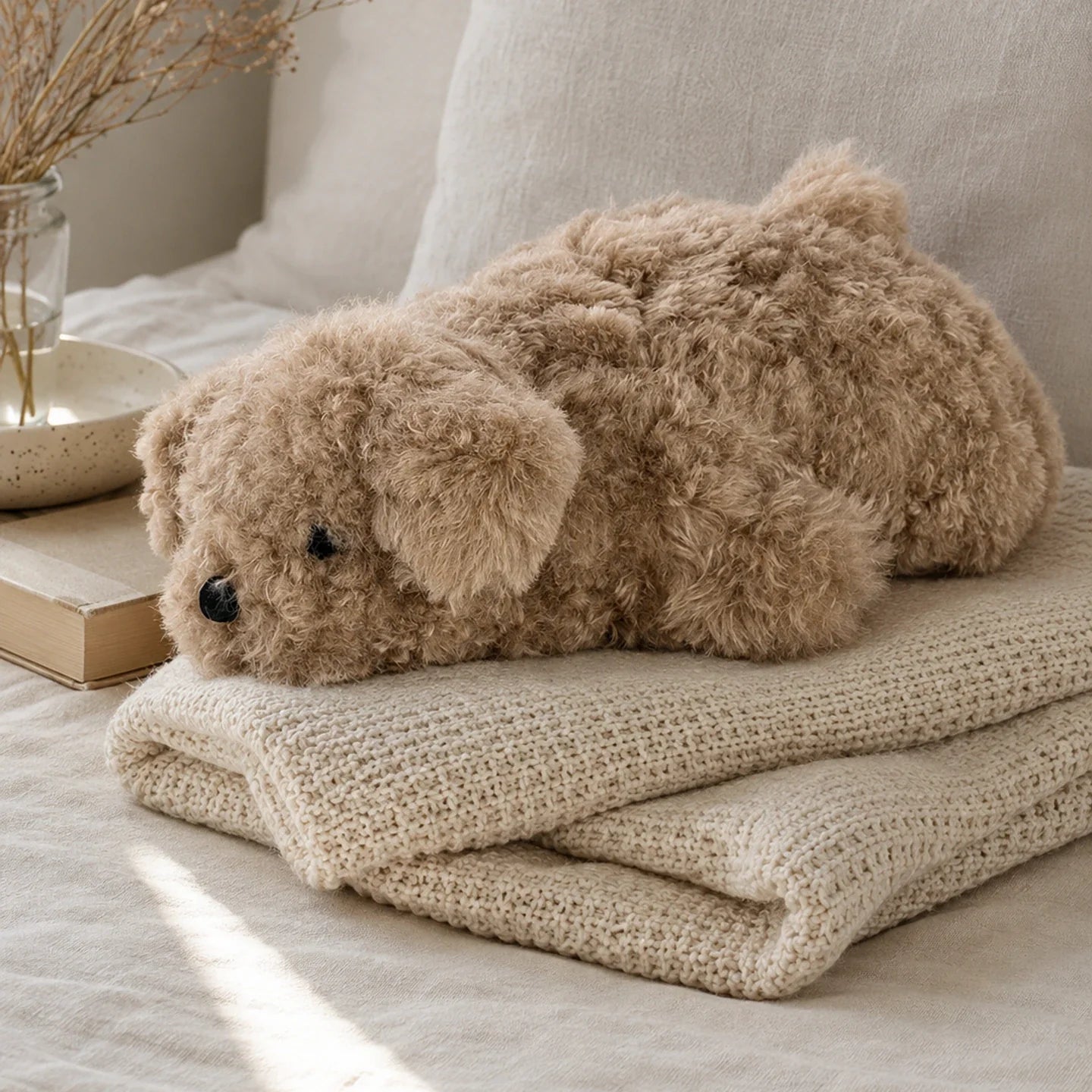 Light cocoa lambswool poodle pillow on a folded knit blanket