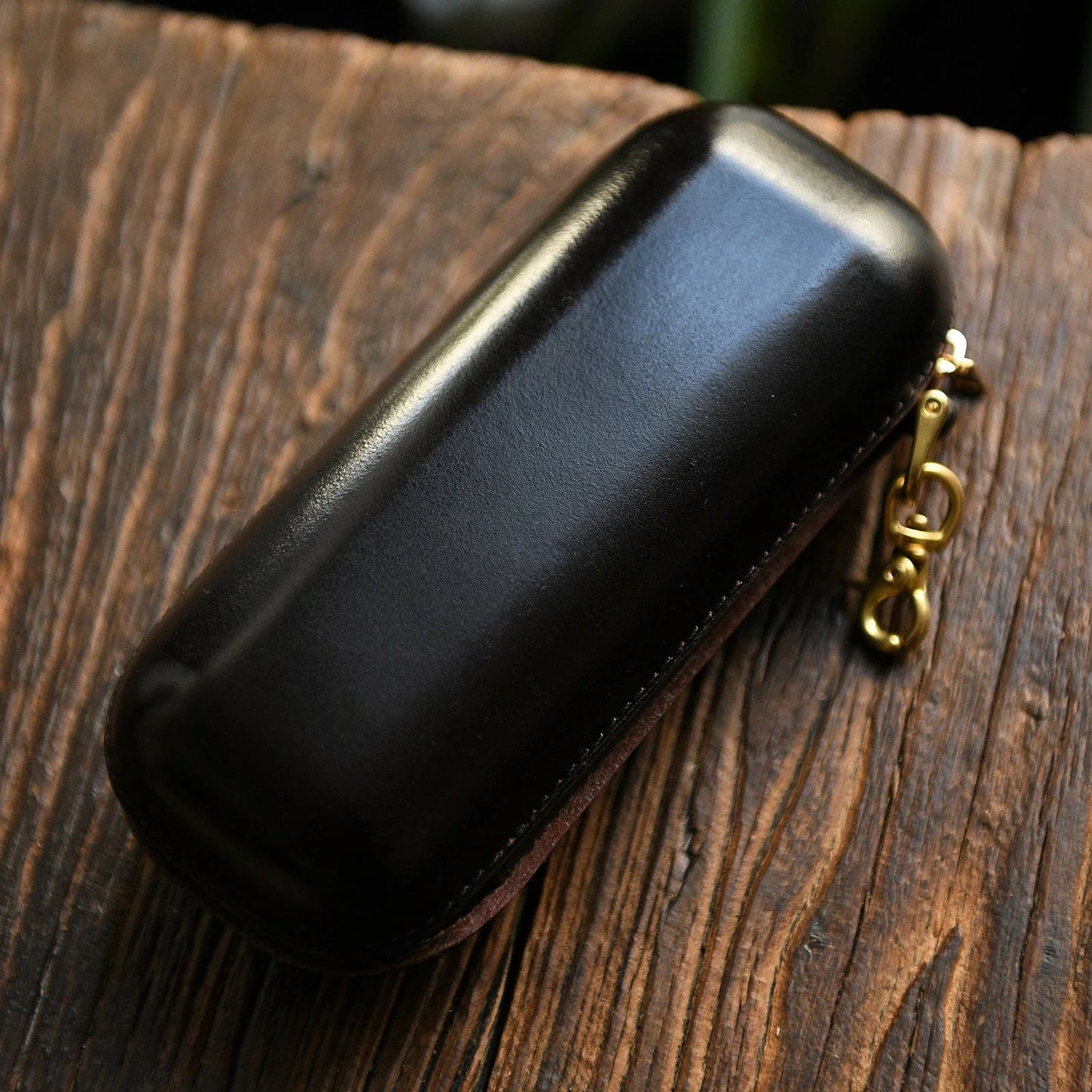 Large dark brown vegetable-tanned leather eyeglass case