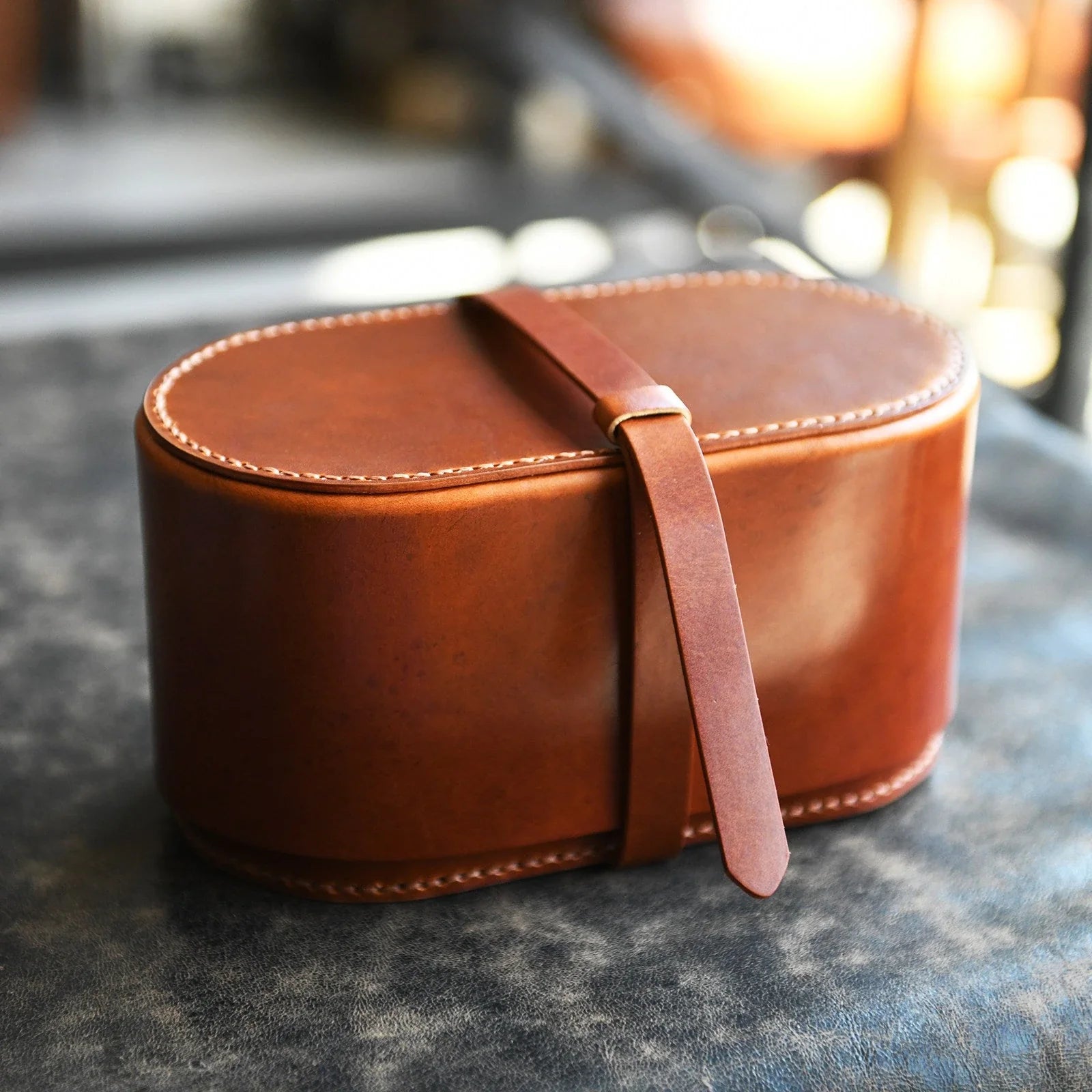 Large vintage brown leather tea set travel case