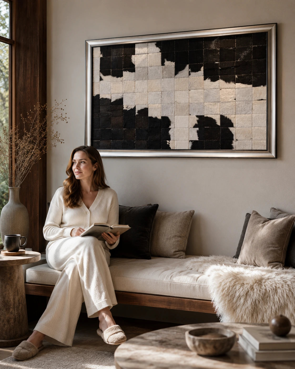 Woman seated in a reading room with black and ivory framed cowhide patchwork wall art