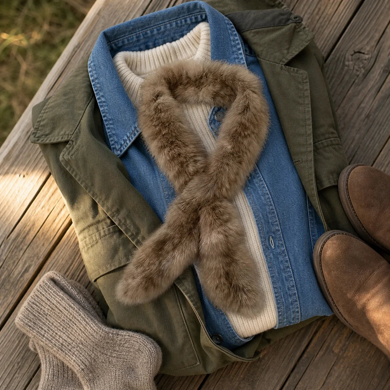 Light Brown sable fur mini scarf with olive and denim layers