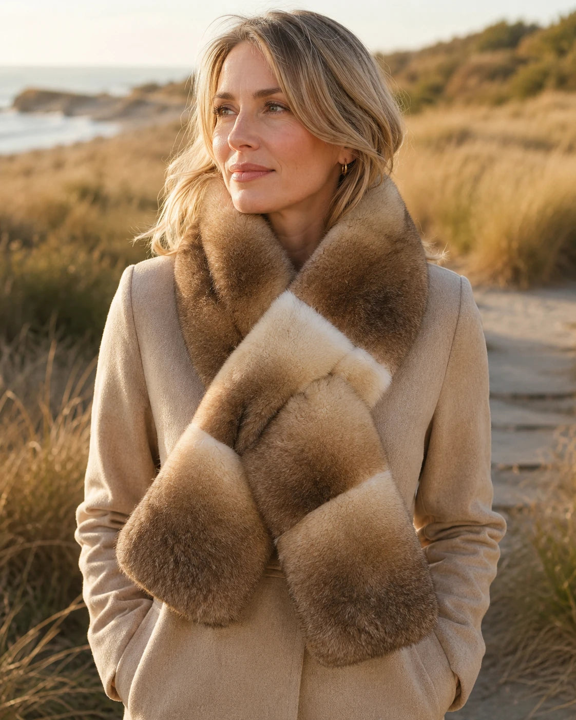 Woman wearing an amber gradient Rex rabbit fur crossover scarf outdoors in winter