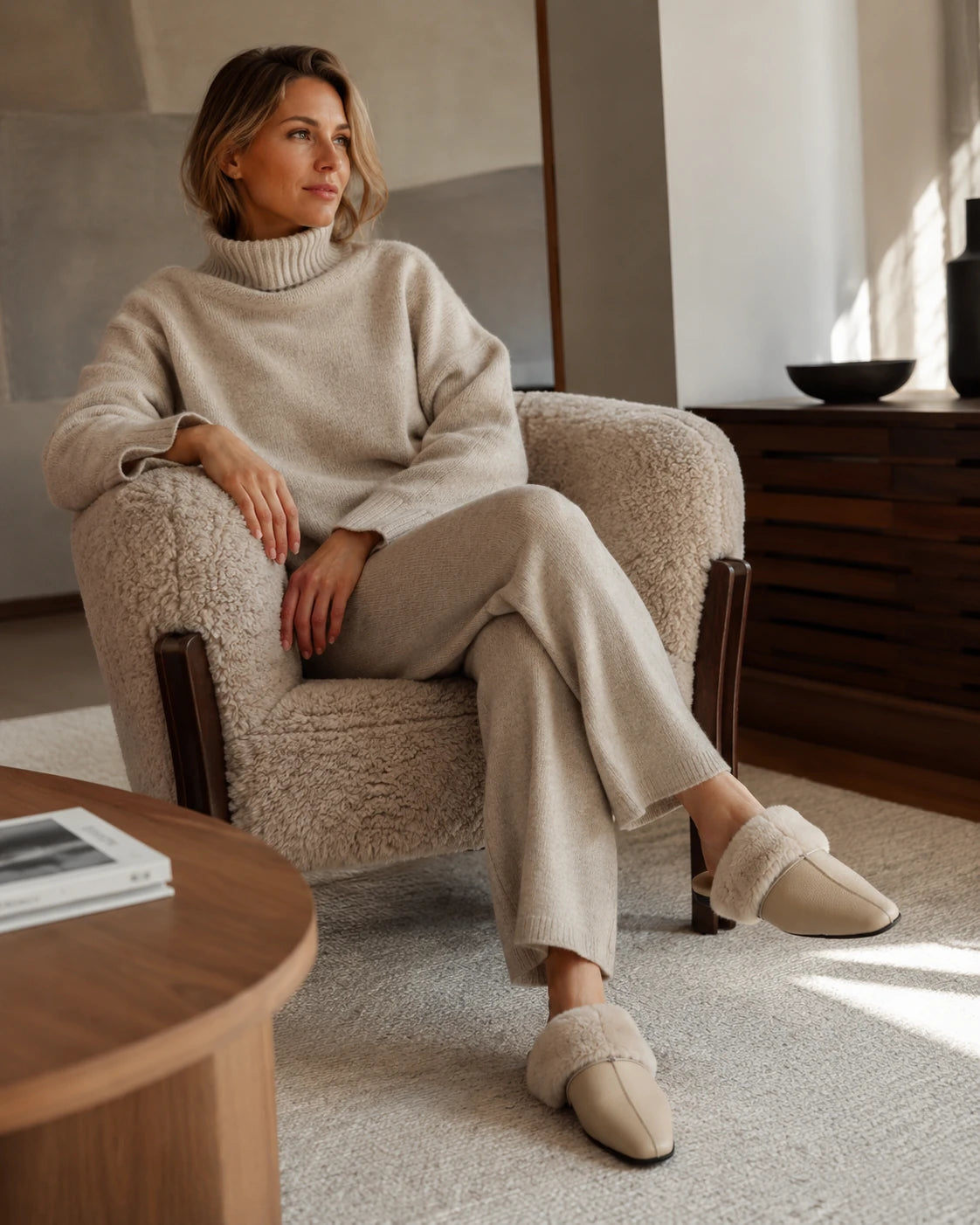 Woman wearing camel cowhide and rabbit fur mule slippers beside an armchair